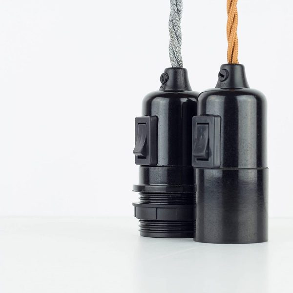 Bakelit Lampenfassung E27 mit SCHALTER, Teilgewindemantel schwarz