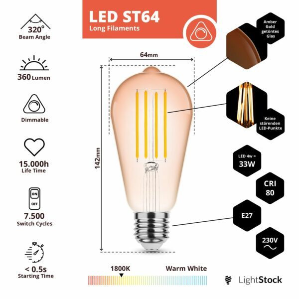 Dekorative E27 LED Filament Lampe Dimmbar, ST64