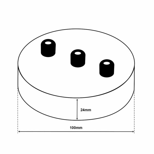 Dimensionen für Deckenbaldachin aus eisen 100x24mm mit 3 Kabelauslässen inkl. Zugentlastung aus Messing