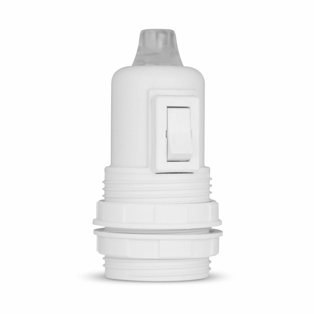 Gewindemantel Lampenfassung E27 aus Thermoplast mit SCHALTER, creme-weiß, mit Zugentlastung