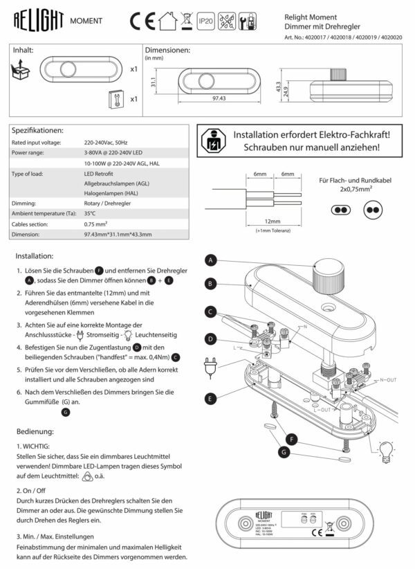 Manual für Relight Moment Universaldimmer mit Drehregler aus Messing
