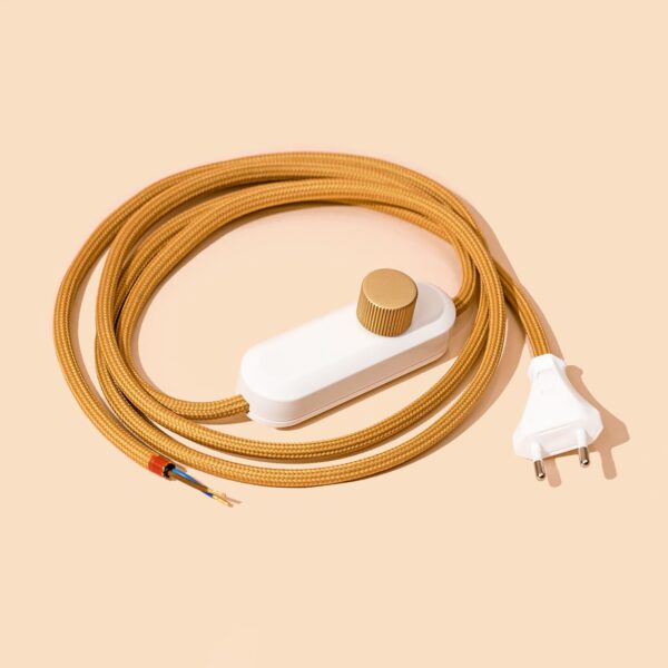 Textilkabel-Lampenzuleitung mit Relight Moment Schnurdimmer Weiß-Satin Brass und Eurostecker 3