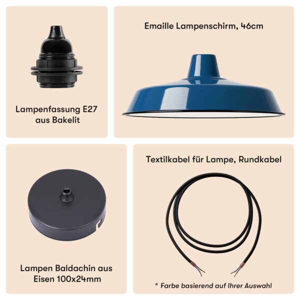 Einfacher Emaille Lampenschirm 46cm Petrol + Lampenfassung E27 Bakelit + Deckenbaldachin Schwarz + Textilkabel Schwarz