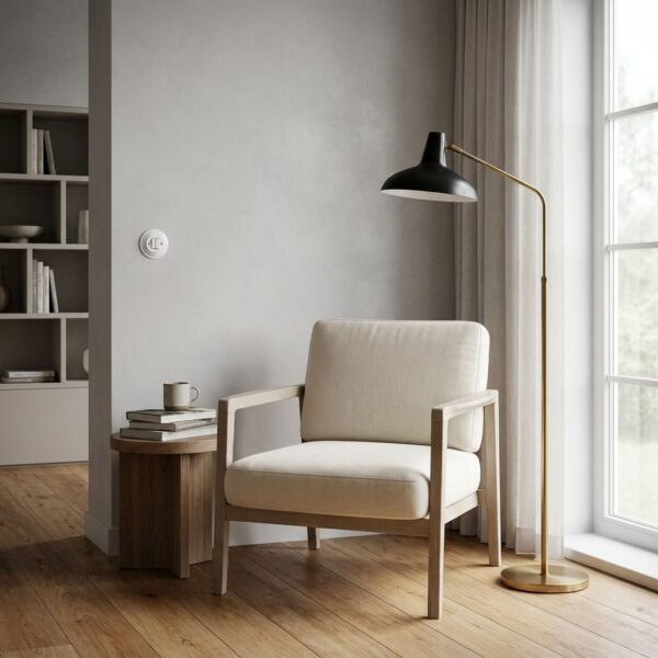 Lightstock Retro Doppelwechselschalter aus weißem Porzellan an grauer Wand im Wohnzimmer mit Sessel und Stehlampe
