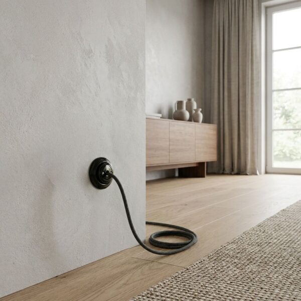 Lightstock Retro Kabelauslass aus schwarzem Porzellan mit grauem Stoffkabel an Putzwand im Wohnzimmer