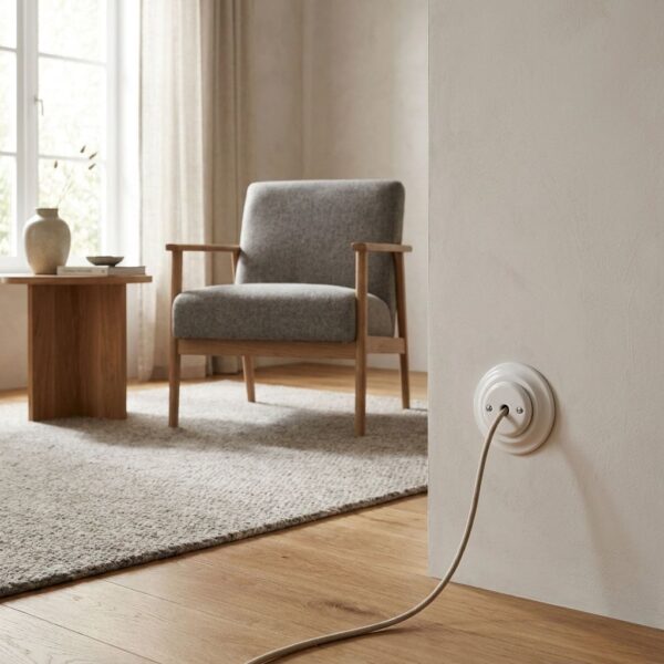 Lightstock Retro Kabeldurchführung aus weißem Porzellan mit Stoffkabel an heller Wand im Wohnzimmer
