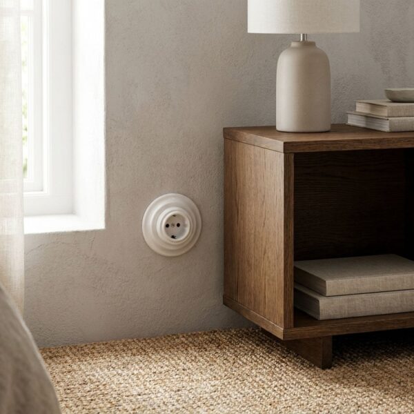 Lightstock Retro Schuko-Steckdose aus weißem Porzellan an grauer Putzwand neben dunklem Holzsideboard
