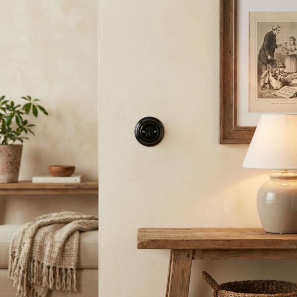Lightstock Retro Serienschalter aus schwarzem Porzellan an cremefarbener Wand über rustikalem Konsolentisch