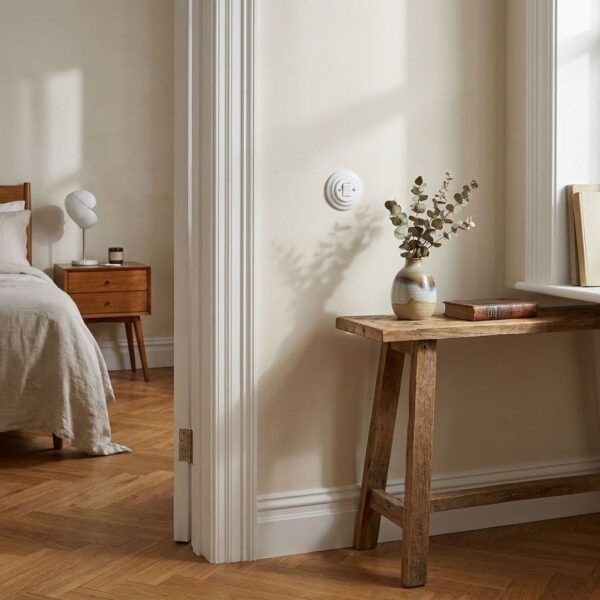Lightstock Retro Unterputz-Kreuzschalter aus weißem Porzellan, 3-Wege, an cremefarbener Wand neben Holzbank