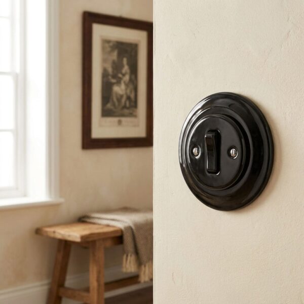 Lightstock Retro Wechselschalter aus schwarzem Porzellan, 1-fach, an cremefarbener Wand im Flur