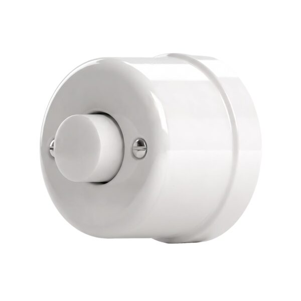 Retro Aufputz-Dimmer Porzellan in Weiß, Schrägansicht mit Drehknopf