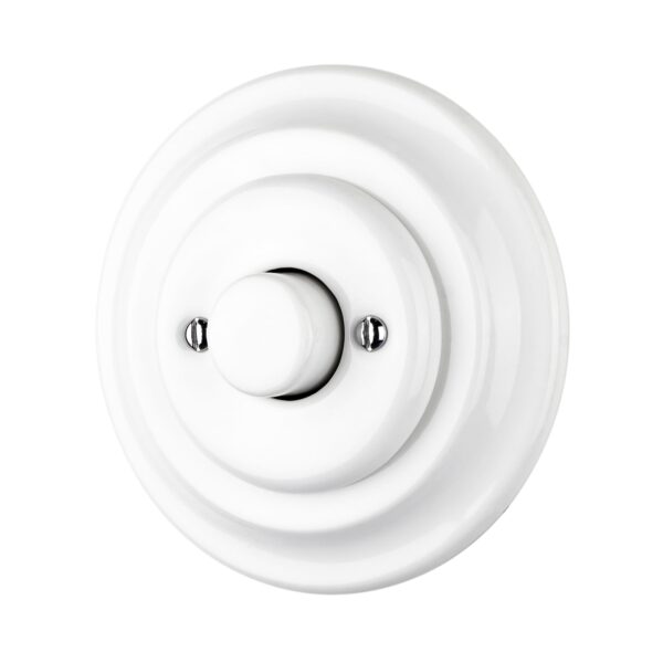 Retro Unterputz-Dimmer aus Porzellan in Weiß, Schrägansicht mit Drehknopf
