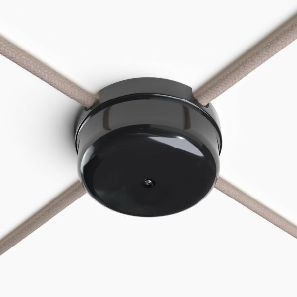 Dekorative Verteilerdose aus Porzellan mit 4 Auslässen, schwarz und textilkabel leinen