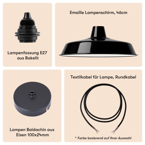 Einfacher Emaille Lampenschirm 46cm Schwarz + Lampenfassung E27 Bakelit + Deckenbaldachin Schwarz + Textilkabel Schwarz