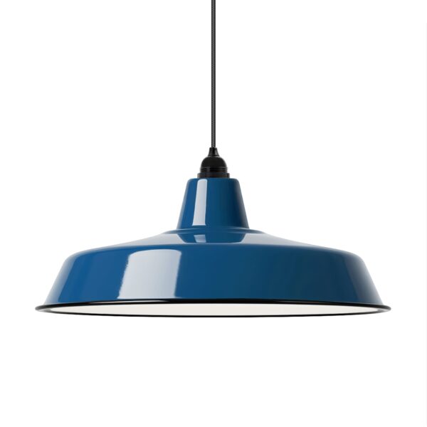 Vintage Industrieleuchte mit Lampenschirm aus emailliertem Stahlblech Petrol 46cm mit Textilkabel Schwarz und Fassung Bakelit